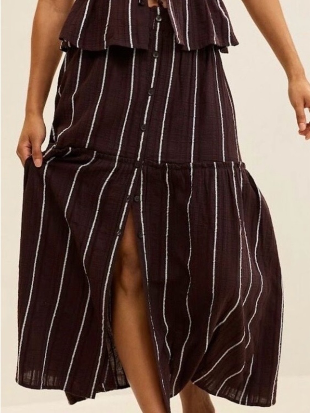 Aerie beach textured Button-Front brown Skirt with Front Slit